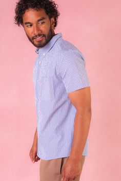 Meet the Men's James Shirt in Blue Gingham - the epitome of classic charm with a patriotic twist! Crafted from crisp blue & white gingham print cotton blend fabric, this shirt is a timeless addition to any gentleman's wardrobe. The collar neckline adds a touch of sophistication, while the fitted sleeves ensure a sleek silhouette. With its button-up style, the James Shirt will be the perfect choice for your summer celebrations. So, elevate your summer style with the Men's James Shirt! Don't forge Gentleman's Wardrobe, Fitted Sleeves, Summer Celebration, Cotton Blend Fabric, The James, Blue Gingham, Matches Fashion, Gingham Print, Liberty Fabric