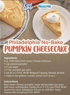 an advertisement for philadelphia no - bake pumpkin cheesecake