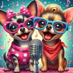 two small dogs wearing glasses are sitting next to each other and singing into a microphone