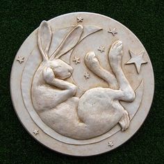 a white rabbit sitting in the middle of a circle with stars on it's side