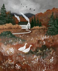 a painting of two ducks in a field