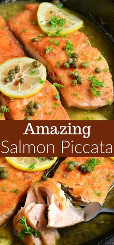 salmon with capers and lemons in a skillet