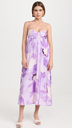 BARDOT Lenora Printed Midi Dress | Shopbop Spring Maxi Dress With Lined Bodice And Straight Neckline, Summer Dresses With Lined Bodice In Purple, Summer Purple Dress With Lined Bodice, Summer Silk Dresses With Smocked Bodice, Silk Dresses With Smocked Bodice For Summer, Spring Silk Dress With Smocked Bodice, Silk Day Dresses With Adjustable Straps, Spring Silk Dress With Smocked Back, Purple Silk Maxi Dress For Summer