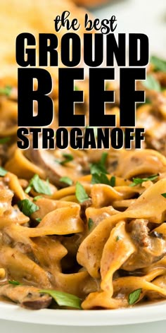 the best ground beef stroganoni in a white bowl with text overlay