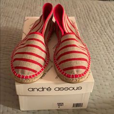 Andre Assous’ Canvas Terri Espadrilles In A Bright Cherry Red And Tan Striped Canvas. Handmade In Spain, Andre Assous Espadrilles Are Known To Be Comfy And Worth Their Weight In Jute! Casual Red Closed Toe Espadrilles, Red Flat Espadrilles For Summer, Red Closed-toe Espadrilles, Red Round Toe Espadrilles For Summer, Closed Toe Espadrilles With Red Sole, Spring Slip-on Espadrilles With Red Sole, Red Flat Espadrilles With Woven Sole, Red Flat Espadrilles For Beach, Red Flat Espadrilles For The Beach