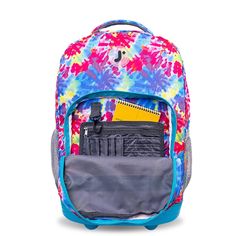 Go traveling, back to school, or to a sleepover in style, with your belongings neatly stowed in the J World Sunrise Rolling Backpack. The versatility of the Sunrise Rolling Backpack allows for it function as both carry- on luggage that will fit under the airplane seat or overhead compartment and a strapped backpack for students. It has fully functional wheels that are both soft and noiseless that allows for a controlled motion. Organize all of your belongings with a front pocket equipped with a Adjustable Backpack For Travel And Back To School, Backpack For Weekend Trips And Back To School, Backpack For Weekend Trips, Casual School Backpack Luggage, Adjustable Multicolor Backpack For School, Adjustable Multicolor School Backpack, Back To School Backpack For Overnight Trips, Rolling Backpack, Pocket Organizer