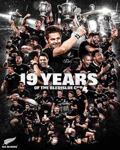 the rugby team is celebrating with their trophies in front of an advertisement for nine years of the