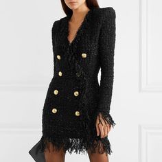 Fringed Dress with Gold Check Blazer Dress K680 - Tweed Fashion, Designer Runway, Tassel Dress, Winter Design, Runway Trends, Fashion 2024, Slim Fit Shorts, Blazer Dress, Stunning Dresses