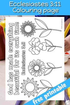 a coloring page with flowers and crayons on it