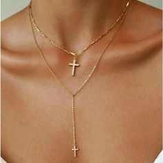 Double Layered Choker Pendant Necklace 18k Gold Plated Or Silver Plated Silver Cross Necklace Gold Plated, Gold Plated Silver Cross Necklace, Silver Gold-plated Cross Necklace, Silver Gold-plated Cross Pendant Necklace, Double Cross Necklace, Pendant Ideas, Double Necklace, Necklace With Pendant, Gold Necklace Simple