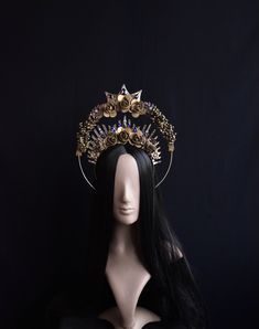 The Flower Halo Headpiece is an exquisite and haunting accessory that exudes an aura of dark elegance, making it the perfect choice for a Halloween costume or a gothic-themed photo shoot.  The crown is available in different colors. The crown in the photo in gold color. Fantasy Crown Costume Accessories For Costume Party, Fantasy Tall Crown For Costume Party, Fantasy Tall Crown Costume Accessories For Costume Party, Gold Gothic Costume Accessories For Costume Party, Gothic Gold Costume Accessories For Costume Party, Halloween Crown Costume Hat For Fantasy Events, Fantasy Halloween Costume Crown, Adjustable Gothic Costume Accessories For Fantasy Events, Fantasy Headpiece With Structured Crown For Costume Party