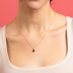 Amethyst Drop Gemstone Pendant Necklace - Minimalist, dainty, petite 14k gold filled chain - Jewelry gifts for her, mom, wife, girlfriend Stone: Genuine Amethyst Heart Gemstone: 11mm x 9mm Gold chain: 14k gold filled Chain length: 16-18 inches adjustable Clasp: spring ring Bezel: Vermeil Gold About "Gold Filled Jewelry": Also called rolled-gold. These jewelry items are not actually filled with gold. They are made of a base metal covered by sheets of gold in a mechanical bonding process. Effectiv Dainty 14k Gold Filled Birthstone Necklace For Everyday, Delicate 14k Gold Filled Birthstone Necklace Gift, Dainty Gemstone Birthstone Necklace As Gift For Her, Dainty Tiny Birthstone Necklace For Gift, Tiny Elegant Birthstone Necklace For Gift, Elegant Tiny Birthstone Necklace For Gift, Dainty Gemstone Charm Necklace As Gift For Her, Dainty Birthstone Necklace With Adjustable Chain, Dainty 14k Gold Filled Birthstone Necklace As Gift