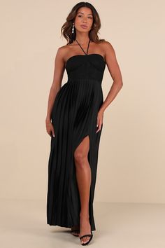 Everyone will be absolutely entranced by the graceful essence of the Lulus Certainly Poised Black Lace Halter Bustier Maxi Dress! This sweet dress starts with romantic floral lace that shapes the sweetheart-style, bustier-inspired bodice with seamed cups, hidden no-slip strips, and slender straps that create a tying halter neckline. The high, fitted waist tops a flowy, pleated satin skirt with a classic A-line silhouette, flirty side slit, and chic maxi hem. Hidden side zipper/clasp. Fit: This garment fits true to size. Length: Floor length. Size medium measures 53.5" from top to bottom. Bust: Great for any cup size. Waist: Fitted - very fitted at natural waist. Hip: Not Fitted - fuller skirt allows room for hips. Undergarments: May be worn with a strapless bra, adhesive bra, petals, or no Pleated Satin Skirt, Lace Bustier, Adhesive Bra, Satin Skirt, Sweet Dress, Halter Neckline, Strapless Bra, Large Size Dresses, Full Skirt