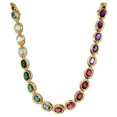 Simply Beautiful! Finely detailed Multi Gemstone Gold Necklace. Hand set with a Rainbow of Gemstones. Hand crafted in 18K Yellow Gold. Approx. length of necklace: 16". More beautiful in real time! Sure to be admired… A piece you’ll turn to time and again! Gold Link Necklace, Link Necklace, Simply Beautiful, Necklace Designs, Gold Necklace, Fine Jewelry, Yellow Gold, Rainbow, Jewelry Necklaces