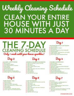 the 7 - day cleaning schedule is shown in red, green and white with text that reads