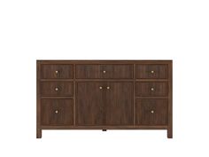 the sideboard is made out of wood and has brass knobs on each drawer