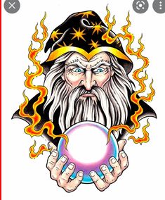 an old wizard holding a crystal ball in his hands with flames coming out of it