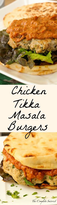 chicken tikka masala burgers with mozzarella sauce and spinach leaves