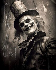 a creepy clown wearing a top hat with writing on it