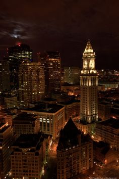 an aerial view of the city at night