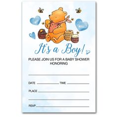 it's a boy baby shower card with winnie the pooh and honey pot