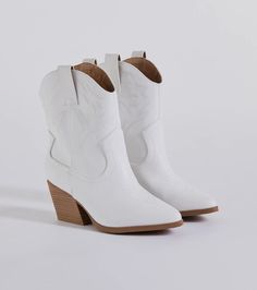 Pay a visit to the country bar in these western booties! Strut looks cute in these shoes featuring a pointed toe, a western-inspired design, and a stacked block heel, on faux leather material. Complete the look in a denim romper.Fit & Features2.5" Stacked block heel6" leg opening and a 5" shaft heightFaux leather materialPointed toeWestern-inspired designRuns true to size White Mid-calf Boots For Spring Ranch Wear, White Mid-calf Boots For Spring Outdoor Activities, White Mid-calf Boots For Spring, Western Style Mid-calf Boots With Block Heel For Spring, Stacked Heel Pointed Toe Boots For Western-themed Events, Western Booties With Stacked Heel For Spring, Western Style Booties With Stacked Heel For Spring, White Boots For Summer Western-themed Events, White Boots For Western-themed Summer Events