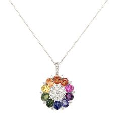 18k White Gold Gemstones: Oval Multi-Color Sapphires, 3.79tcw Diamonds: Round Brilliant, 1.07tcw Multicolor Jeweled Pendant Necklace, Multicolor Stone Round Pendant Jewelry, Elegant Multicolor Pendant Gemstones, Multicolor Sapphire Multi-stone Jewelry, Multicolor Multi-stone Pendant Jewelry, Painted Saree, Hand Painted Sarees, Gold Pendant Jewelry, Round Sapphire