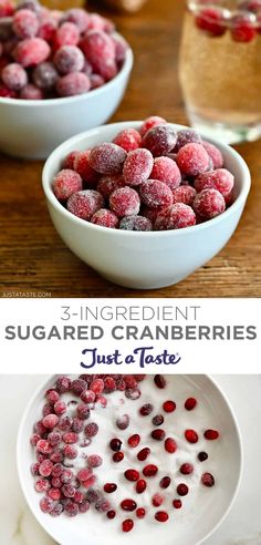 three different bowls filled with sugared cranberries