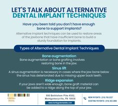 Alternative treatment options can help create a sturdy base for dental implants in patients with jawbone deterioration due to missing teeth. Book a consultation at Heritage Dental to learn more about your options. #HeritageDental #Montgomeryville #PA Bone Grafting, Surrey Bc, Dental Art