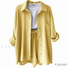 Lasaky - Womens Fashionable Casual Long Sleeve Shirt with Pleated Collar and High-Waisted Drawstring Shorts Set Elegantes Outfit Damen, Sheer Shorts, Casual Long Sleeve Shirts, Solid Clothes, Casual Sets, Set Outfit, Women Set, Drawstring Shorts, Casual Outfit