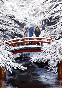 two people are standing on a bridge over a river in the snow, while another person is looking at them