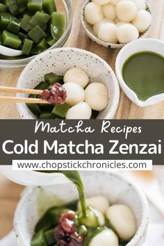 the ingredients for cold matcha are in small bowls and ready to be eaten with chopsticks