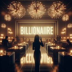 a woman standing in front of a neon sign that reads, billionaire block nine