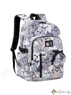 BirdinBag - Classic Adjustable Backpack with Cartoon Cat Pattern - Ideal for Preppy Style Rectangular Backpack With Cat Design For Back To School, Trendy Cat Design Backpack For Daily Use, School Backpack With Cat Design, Student Backpack With Cat Design, Rectangular Cat Design Backpack For Back To School, Trendy Backpack With Cat Design For Daily Use, Back To School Rectangular Backpack With Cat Design, Cat Design School Backpack, Casual Backpack With Cat Design For Students