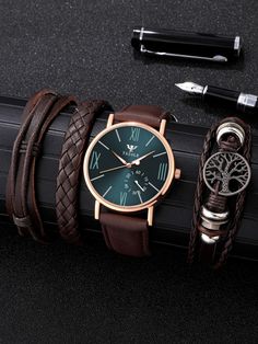 1pc Men Round Pointer Quartz Watch & 3pcs Bracelet As A Gift For Students Returning To School  Casual,Sporty   PU Leather  Watch Set   Men Watches, size features are:Bust: ,Length: ,Sleeve Length: Masculine Accessories, Sporty Watch, Watch Set, Smart Glasses, Chic Bracelet, Wrist Wear, Stylish Bracelet, Casual Sporty, Men's Watches