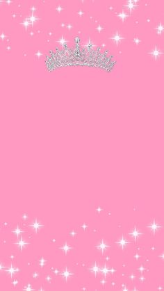 a pink background with white stars and a tiara on the top in the center