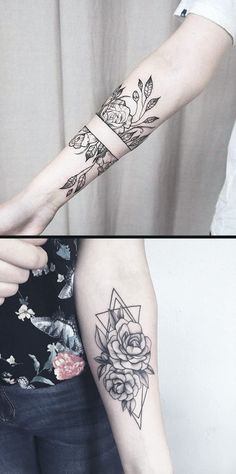 two images show the same arm and wrist tattoo designs, one with roses on it