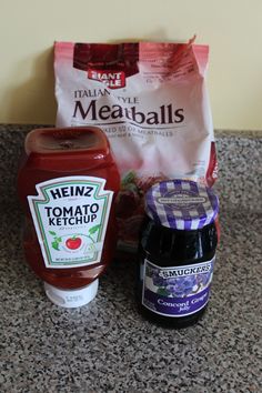 the ingredients to make homemade ketchup are sitting on the counter top next to a bag of meatballs