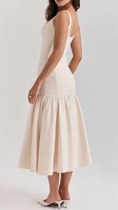 Feminine A-line Midi Dress With Ruffle Hem, Beige A-line Dress With Ruffle Hem, Sleeveless Midi Bridesmaid Dress With Ruffle Hem, Bridesmaid Sleeveless Midi Dress With Ruffle Hem, Bridesmaid Midi Dress With Ruffle Hem And Sleeveless Design, Elegant Flared Hem Midi Dress For Spring, Elegant Tiered Midi Dress For Wedding, Elegant Spring Midi Dress With Flared Hem, Spring Elegant Midi Dress With Flared Hem