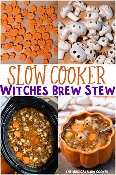 several pictures of different types of slow cooker witches brews and halloween treats for kids to make