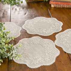 PRICES MAY VARY. Set includes four 12" doilies Doilies are a great way to add vintage charm to your space Coordinates with other Sheer Divine table pieces from Heritage Lace Perfect complement for table tops, trays and more Vintage Wedding Table, Background Simple, Ecru Color, Cloth Flowers, Lace Table, Lace Tablecloth, Lace Curtains, Crafting Paper, Floral Vine