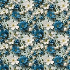 blue and white flowers are arranged on a light blue background with green stems in the center