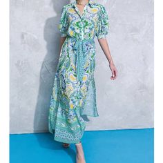 The Perfect Summer Dress! Button Front, Slits On The Side, Blue Green And Yellow Summer Paisley Print Midi Dress With Short Sleeves, Green Button-up Maxi Dress For Beach, Green Bohemian Button-up Dress, Short Sleeve Maxi Dress With Paisley Print For Summer, Spring Green Paisley Print Midi Dress, Spring Green Paisley Midi Dress, Chic Blue Paisley Print Dress, Casual Short Sleeve Maxi Dress With Paisley Print, Blue Maxi Dress With Button Closure For Vacation