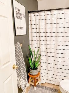 a bathroom with a potted plant next to a toilet and shower curtain in it