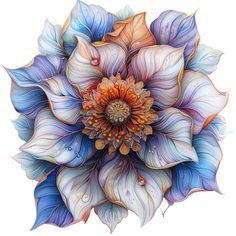 a drawing of a blue and orange flower