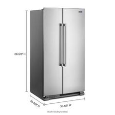 the side by side refrigerator is shown with measurements for it's doors and bottom freezer