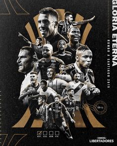 the poster for the soccer team is shown in black and gold colors, with an image of players from all over the world