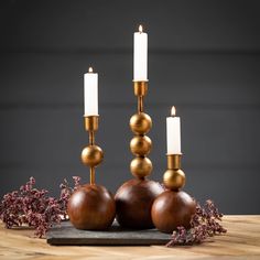 Gold and Wood Candle Holder (Set of 3) - DiamondVale Chic Living Room Decor, Pale Wood, Gold Candle Holders, Tree Wall Decor, Wooden Candle Holders, Wood Candle Holders, Wooden Candles, Taper Candle Holders, Wood Candles