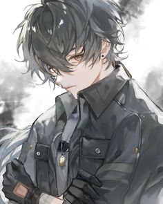 an anime character with black hair and grey eyes, wearing a leather jacket while holding his hands on his chest