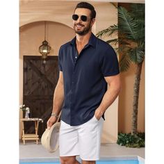 Men's Button Down Shirt Is Made Of Premium Linen Fabric, Which Is Lightweight, Breathable, Soft And Comfortable, And Anti-Shrinkage. Keeping You Cool And Comfortable All Day. Mens Linen Shirts Featuring A Spread Collar, Rolled Cuffs, Relaxed Fit, And Hidden Front Buttons For A Chic Look. Enjoy Your Leisure Time In This Nice Summer Beach Shirt. This Men's Beach Shirt Pairs With Solid Color T-Shirts, Shorts, Jeans, Slacks, A Hat And Sunglasses For The Perfect Beach Vacation Style. It's A Thoughtfu Beach Vacation Outfit Men, Men’s Summer Casual, Men’s Cancun Outfits, Mens Honeymoon Outfits, Casual Chic Outfit Men, Male Vacation Outfits, Beach Wedding Guest Men, Men Cruise Outfits, Mens Vacation Outfits Beach